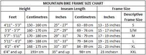 29er mountain bike frame size chart